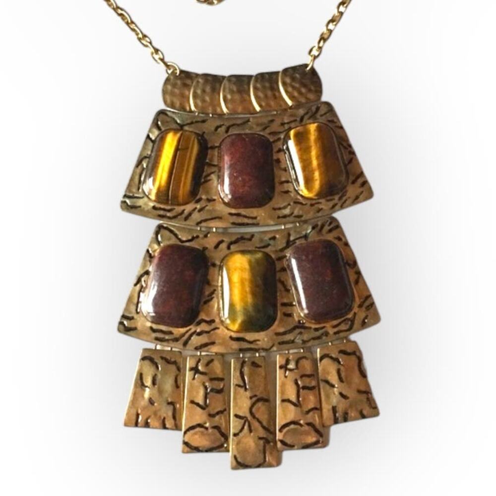Massive tiger's eye natural stone brass tone shield necklace